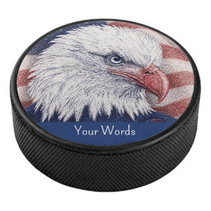 Custom Red White Blue Eagle Stars and Stripes Flag Hockey Puck