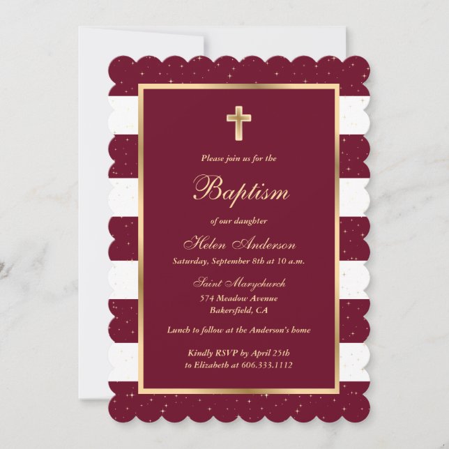 Custom Red White Gold Stripe Girl Baptism Invitation (Front)