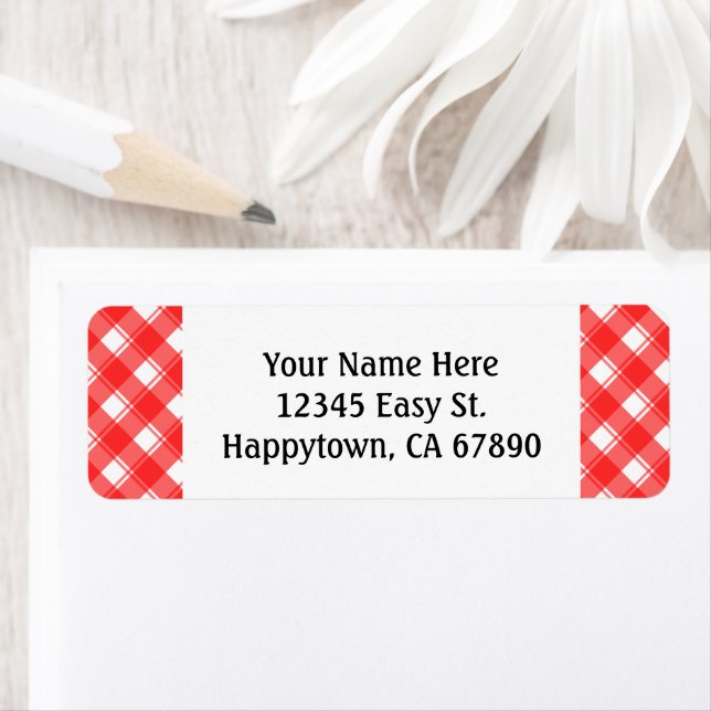 Custom Red White Retro Plaid Return Address Labels (Insitu)