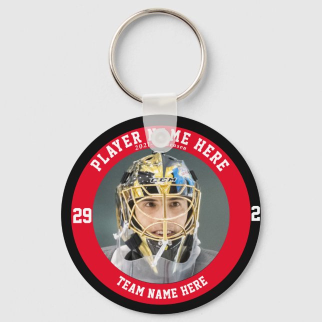 Custom Red Youth Ice Hockey Teams Button Keychain (Front)