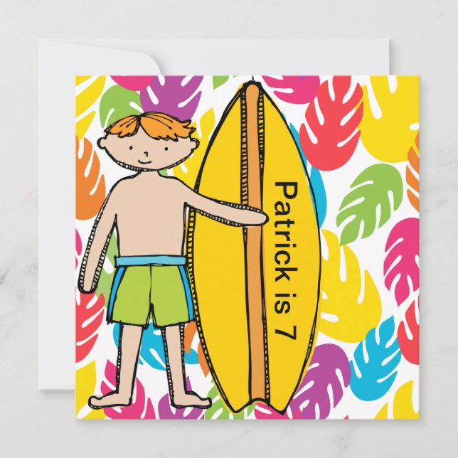 Custom Redhead Boy Surfer Birthday Invites (Front)