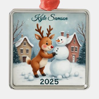 Custom Reindeer And Snowman Metal Ornament