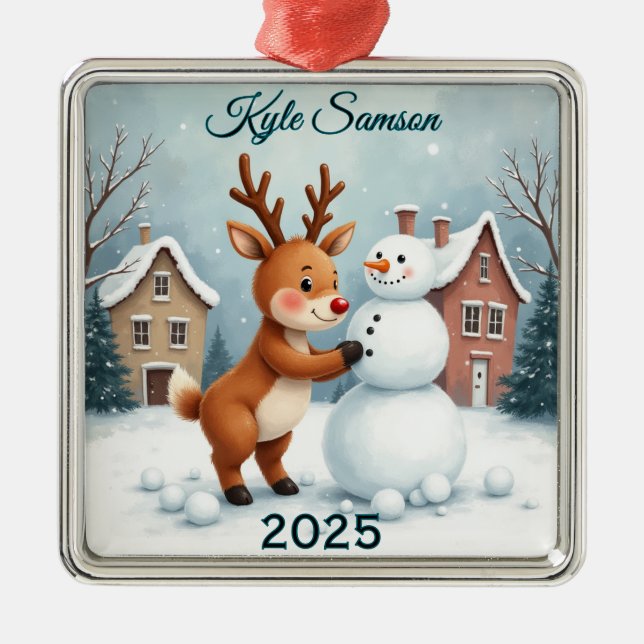 Custom Reindeer And Snowman  Metal Ornament (Front)