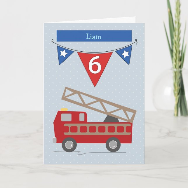 Custom Relationship, Godson 6th Birthday Firetruck Card (Front)