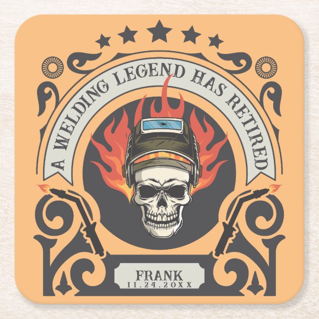 Custom retired welder legend add name square paper coaster (Front)