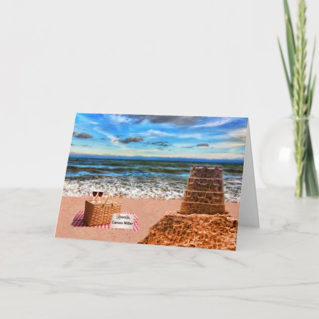 Custom Retirement Sandcastle Beach Picnic Card (Front)