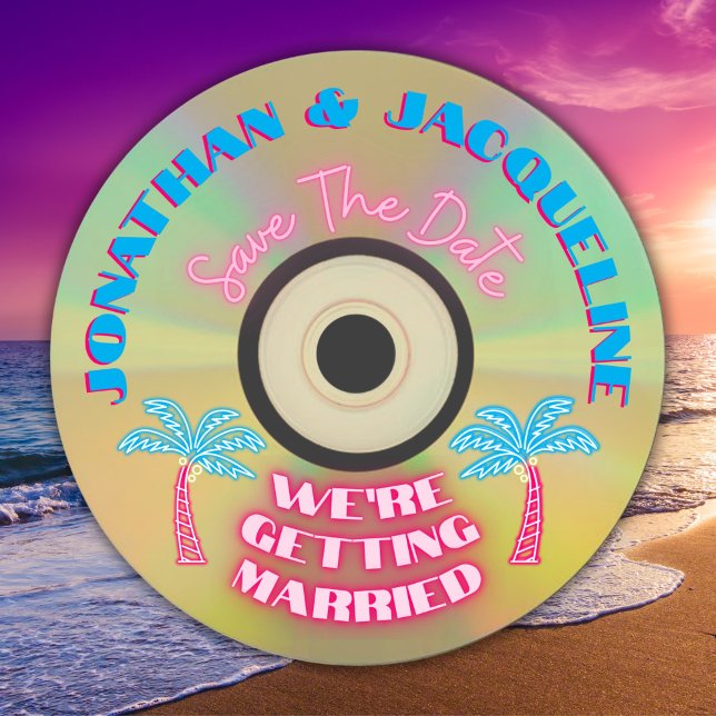 Custom Retro 80s Tropical Neon CD Save The Date Invitation (Creator Uploaded)