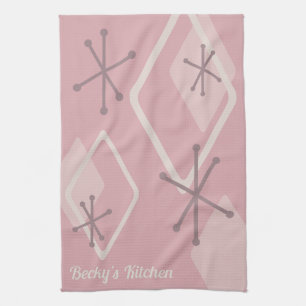 Custom Retro Atomic Diamonds Pink Tea Towel