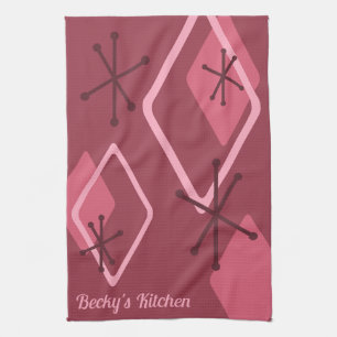 Custom Retro Atomic Diamonds Red Tea Towel