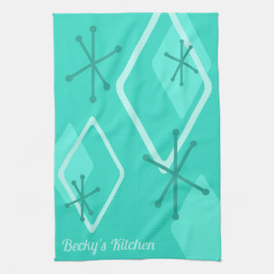 Custom Retro Atomic Diamonds Turquoise Tea Towel
