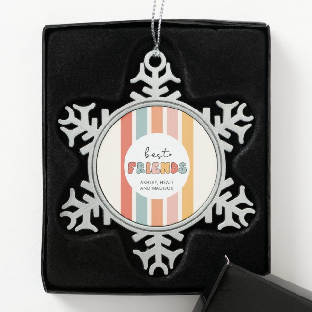 Custom Retro Best Friends BFFs Cute Besties Gifts Snowflake Pewter Christmas Ornament (Box)
