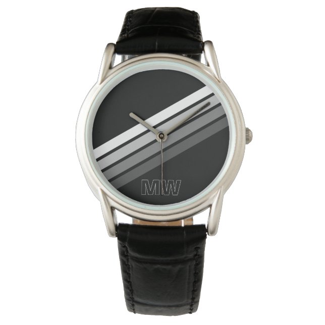 Custom Retro Black Grey White Stripes Art Pattern Watch (Front)