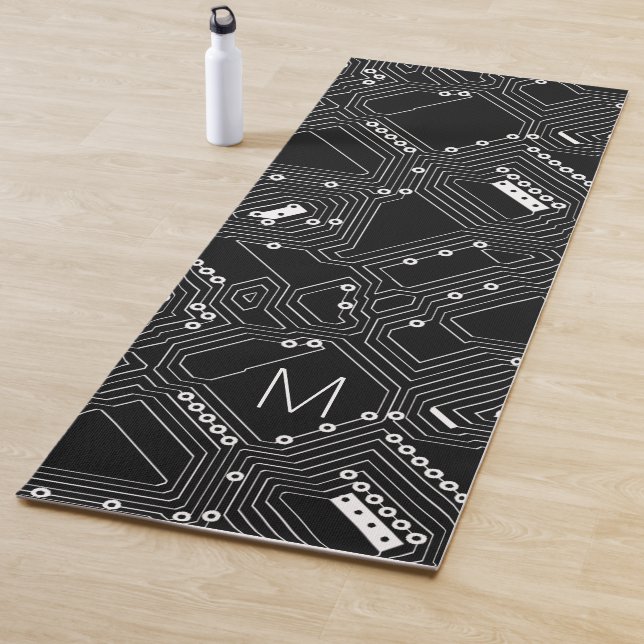 Custom Retro Black White Computer Circuit Board Yoga Mat (In Situ)