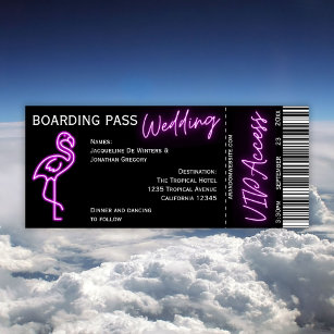 Custom Retro Boarding Pass Neon Flamingo Wedding Invitation