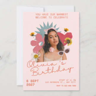 Custom Retro Boho Floral Photo Birthday Invitation