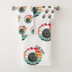 Custom Retro Bowling Pins Team & Player Name  Bath Towel Set