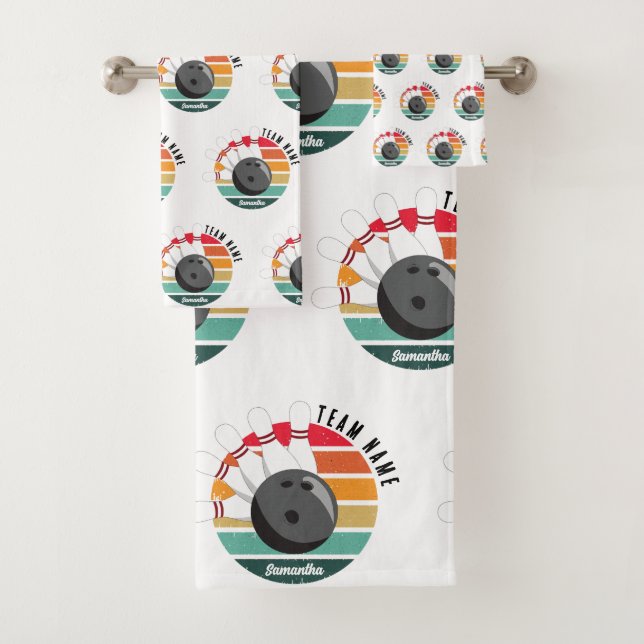 Custom Retro Bowling Pins Team & Player Name  Bath Towel Set (Insitu)