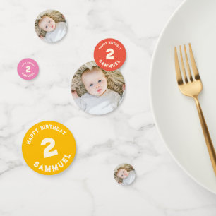 custom retro bright bold baby photo 2nd birthday confetti