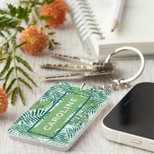Custom Retro Chic Tropical Green Palmtree Pattern Key Ring