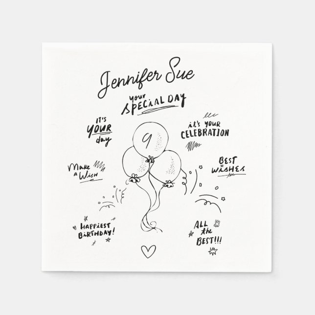 Custom Retro Doodle Modern Balloon Happy Birthday  Napkin (Front)