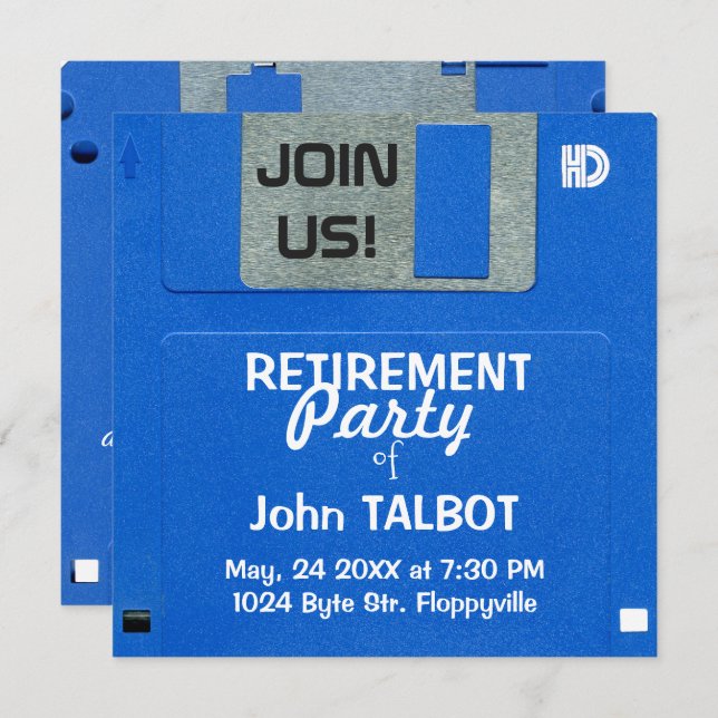 Custom Retro Floppy Disc Retirement Party invite (Front/Back)