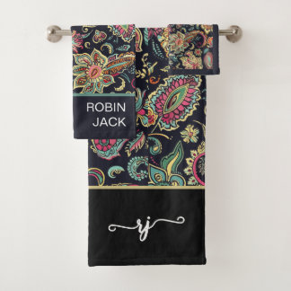 Custom Retro Floral Black Paisley Bath Towel Set