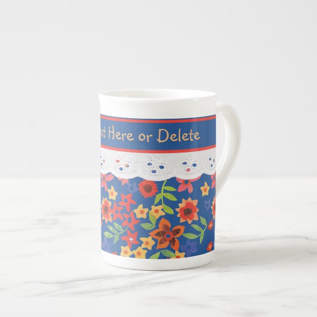 Custom Retro Floral Pattern with Faux Lace Bone China Mug (Front Right)