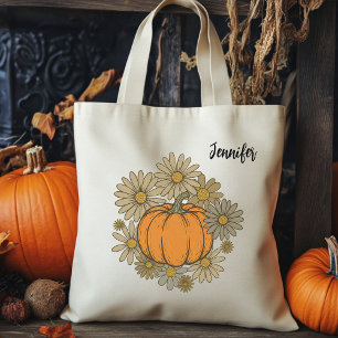 Custom Retro Floral Pumpkin Tote Bag for Women