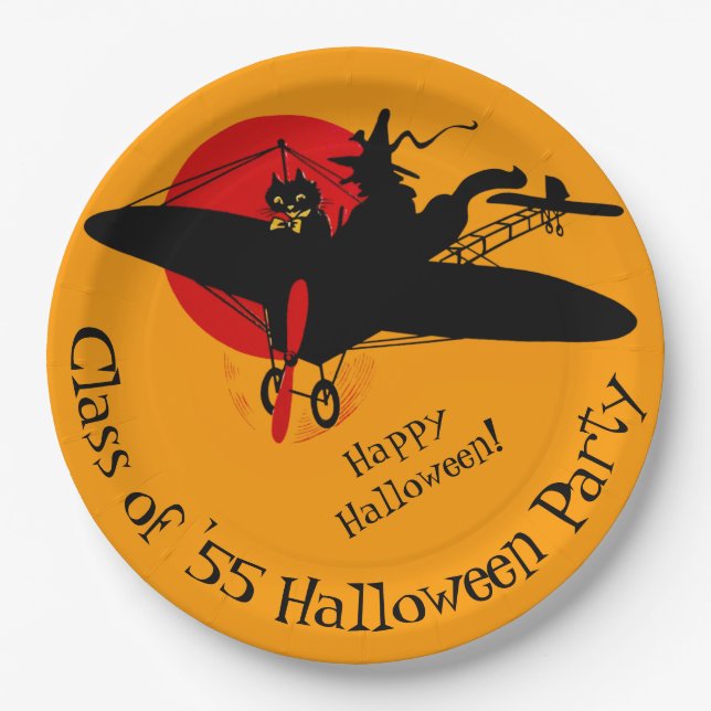 Custom Retro Flying Witch Halloween Paper Plates (Front)