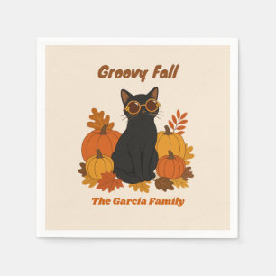 Custom Retro Groovy Black Cat Fall Party Napkin