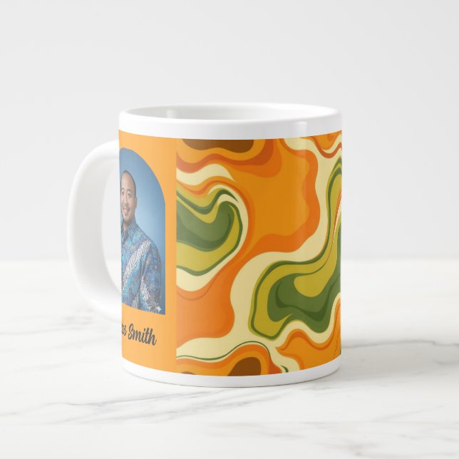 Custom Retro Groovy Swirl Abstract Orange Green Large Coffee Mug (Front Left)