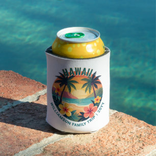 Custom Retro Hawaii Tropical Vacation Family Trip Can Cooler