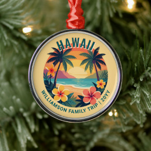 Custom Retro Hawaii Tropical Vacation Family Trip Metal Ornament