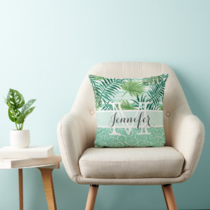 Custom Retro Hip Tropical Green Palm Leafs Pattern Cushion