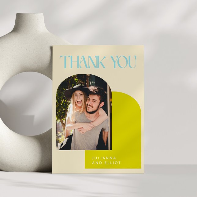 Custom Retro Lime Chartreuse Couple Photo Thank You Card (Creator Uploaded)