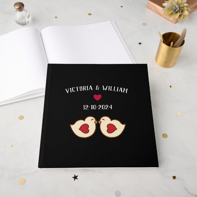 Custom Retro Love Birds Wedding Guest Book (Front Open)