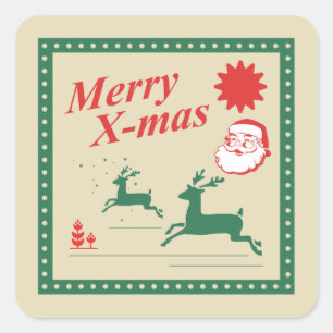 Custom Retro "Merry Christmas" Santa and Reindeer Square Sticker