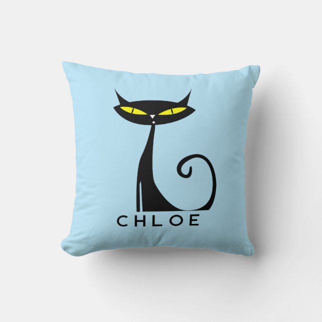 Custom Retro Mid Century Modern Atomic Black Cat Cushion (Front)