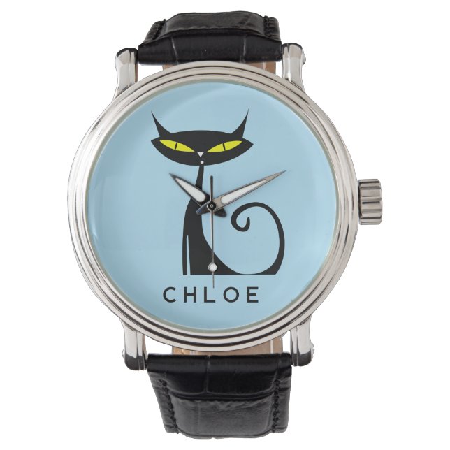 Custom Retro Mid Century Modern Atomic Black Cat Watch (Front)