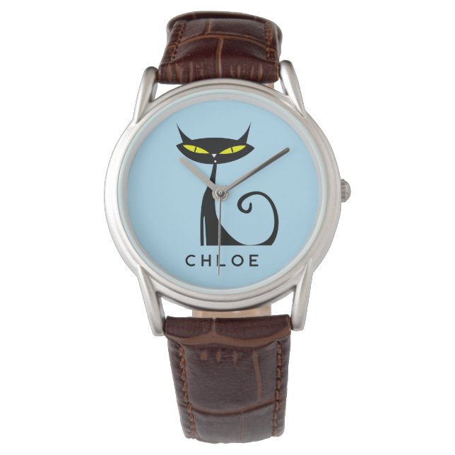 Custom Retro Mid Century Modern Atomic Black Cat Watch (Front)