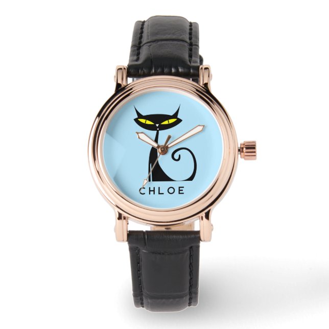 Custom Retro Mid Century Modern Atomic Black Cat Watch (Front)