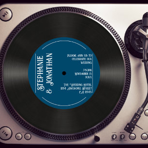 Custom Retro Navy Faux Vinyl Record Wedding Invitation