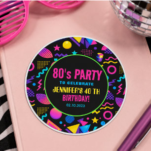 Custom Retro Neon 80’s Birthday – Fun Adult Classic Round Sticker