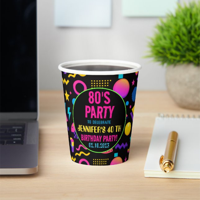 Custom Retro Neon 80’s Birthday – Fun Adult  Paper Cups (Insitu)