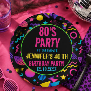 Custom Retro Neon 80’s Birthday – Fun Adult  Paper Plate