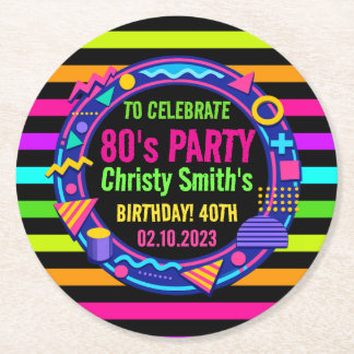 Custom Retro Neon 80’s Birthday Party Round Paper Coaster