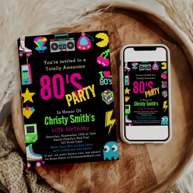 Custom Retro Neon 80's Birthday Party Invitation (Creator Uploaded)