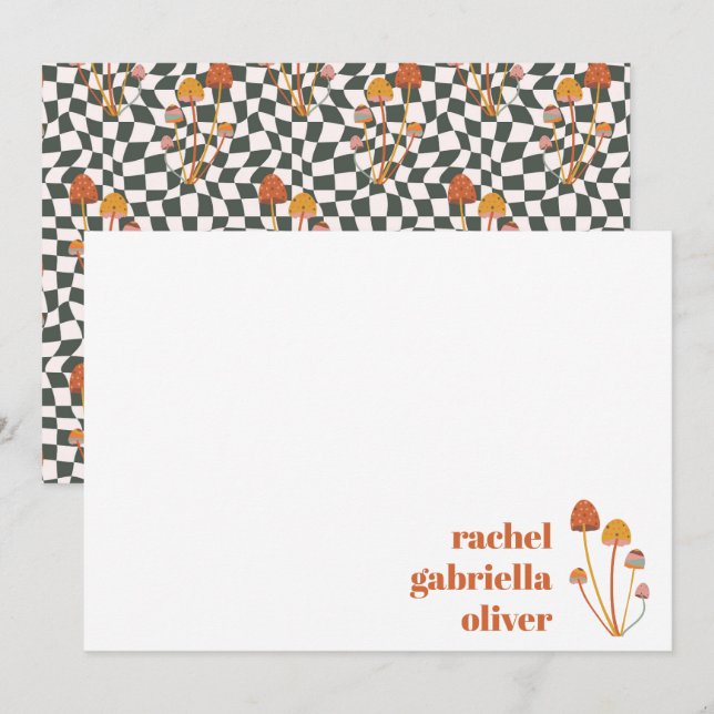 Custom Retro Orange Mushroom Chequerboard Mitzvah Thank You Card (Front/Back)