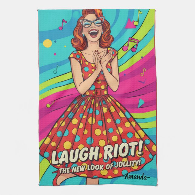 Custom retro painting laughing lady Jolly Red Tea Towel (Vertical)