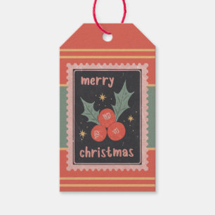 Custom Retro Paper Stamp Christmas Holly Berries Gift Tags